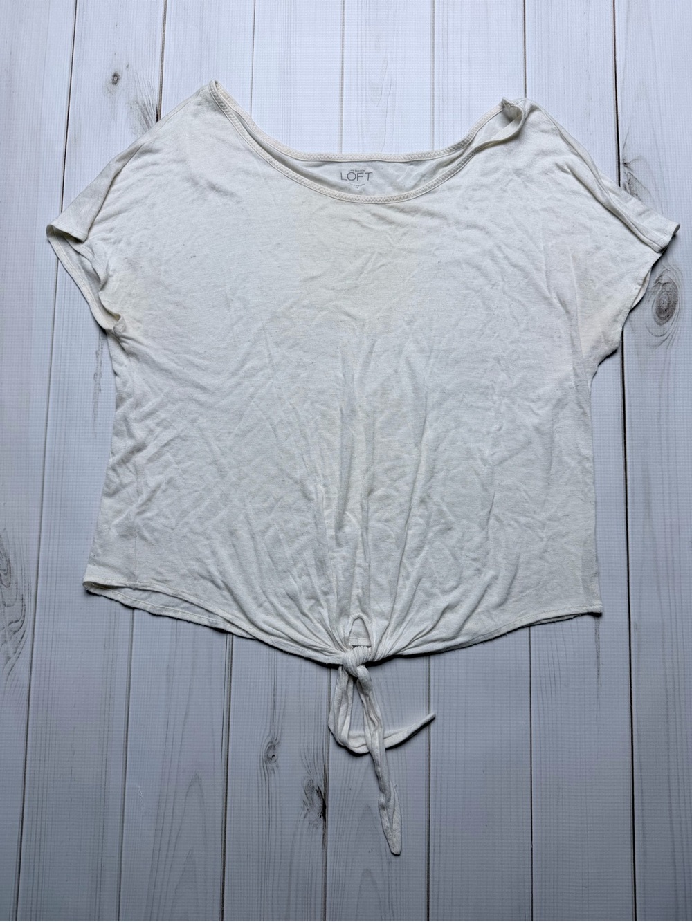Ann Taylor Cream Short Sleeve Tie-Front Crop Top